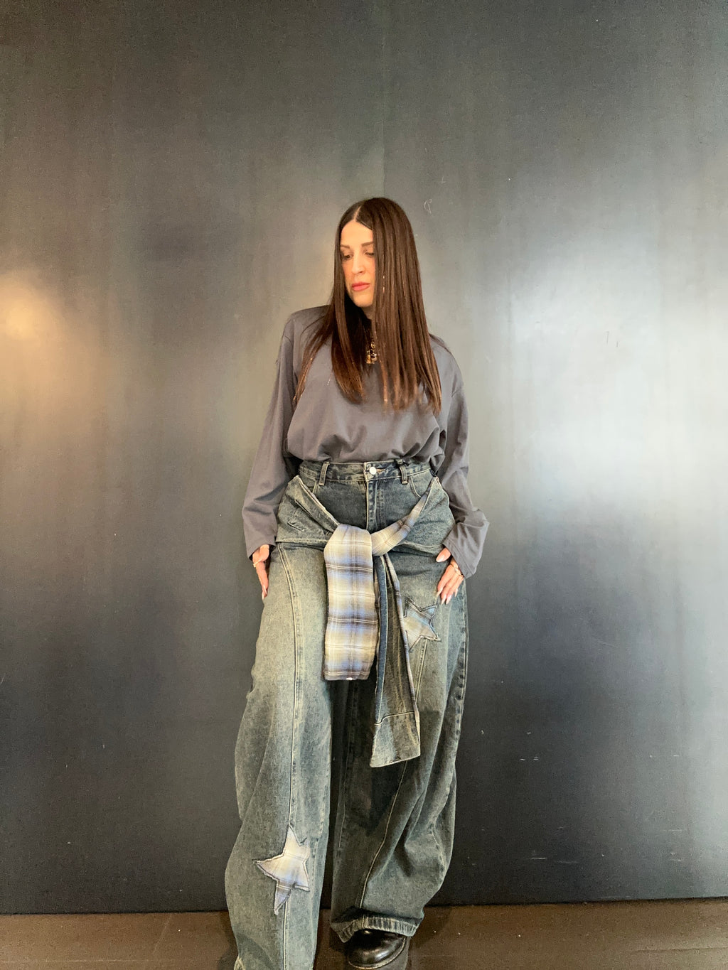 Jeans con applicazione tartan